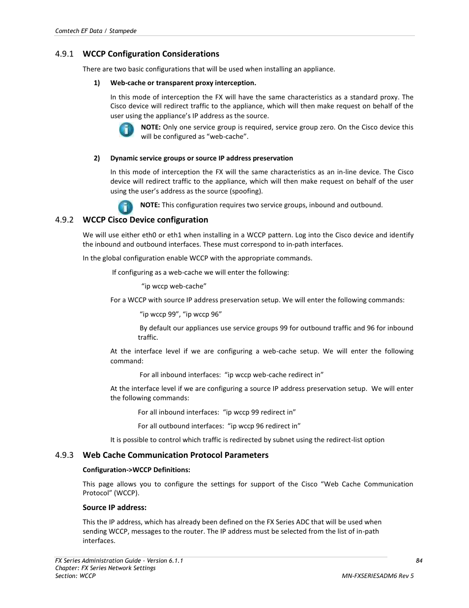 Wccp configuration considerations, Wccp cisco device configuration, Web cache communication protocol parameters | Comtech EF Data FX Series Administrator Guide User Manual | Page 84 / 151