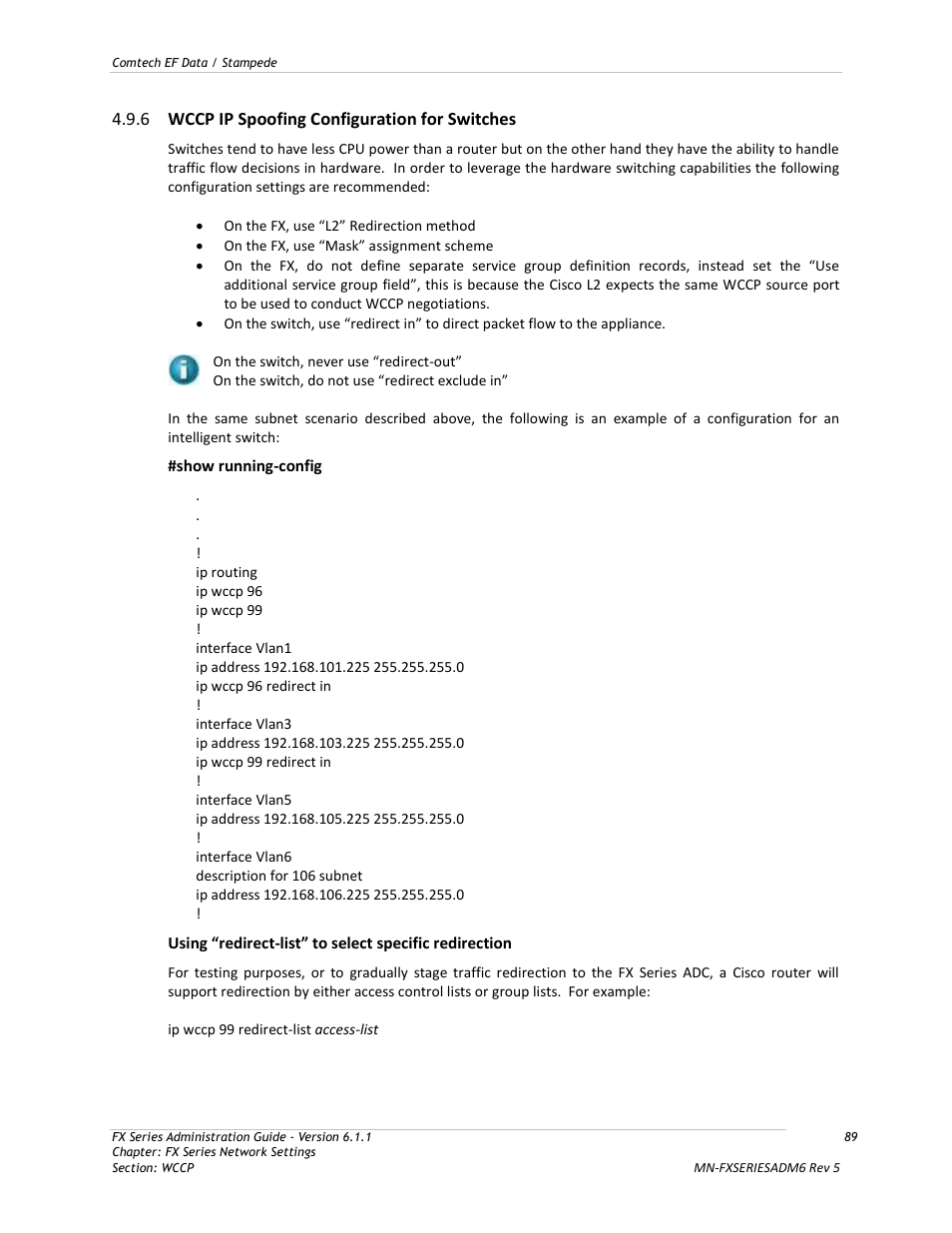 Wccp ip spoofing configuration for switches, 6 wccp ip spoofing configuration for switches | Comtech EF Data FX Series Administrator Guide User Manual | Page 89 / 151