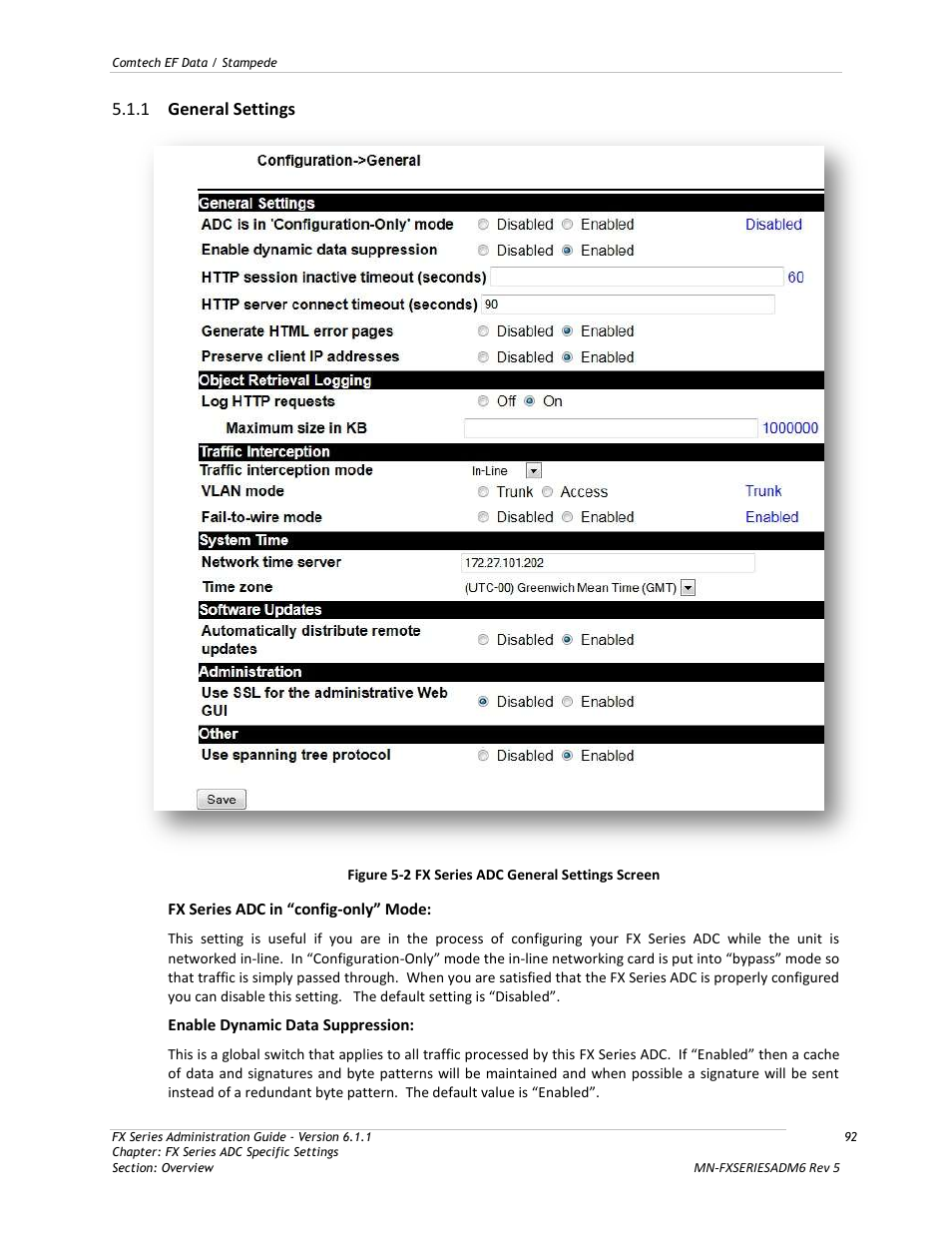 General settings, Figure 5-2 fx series adc general settings screen, 1 general settings | Comtech EF Data FX Series Administrator Guide User Manual | Page 92 / 151