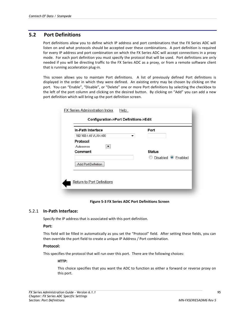 Port definitions, In-path interface, Figure 5-3 fx series adc port definitions screen | 2 port definitions | Comtech EF Data FX Series Administrator Guide User Manual | Page 95 / 151
