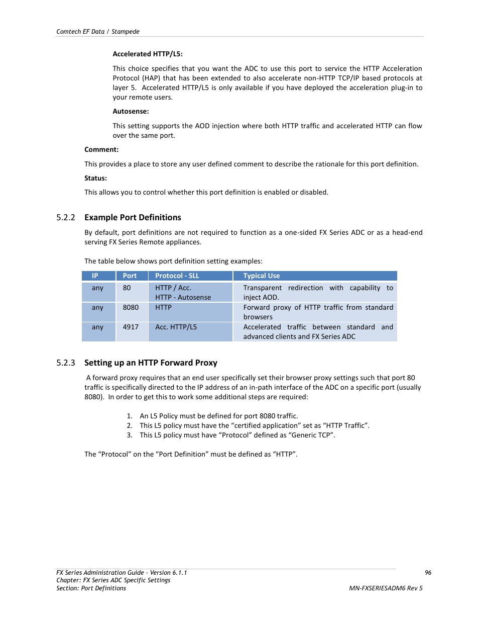 Example port definitions, Setting up an http forward proxy, 2 example port definitions | Comtech EF Data FX Series Administrator Guide User Manual | Page 96 / 151