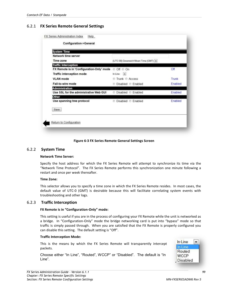 Fx series remote general settings, System time, Traffic interception | 1 fx series remote general settings, 2 system time, 3 traffic interception | Comtech EF Data FX Series Administrator Guide User Manual | Page 99 / 151