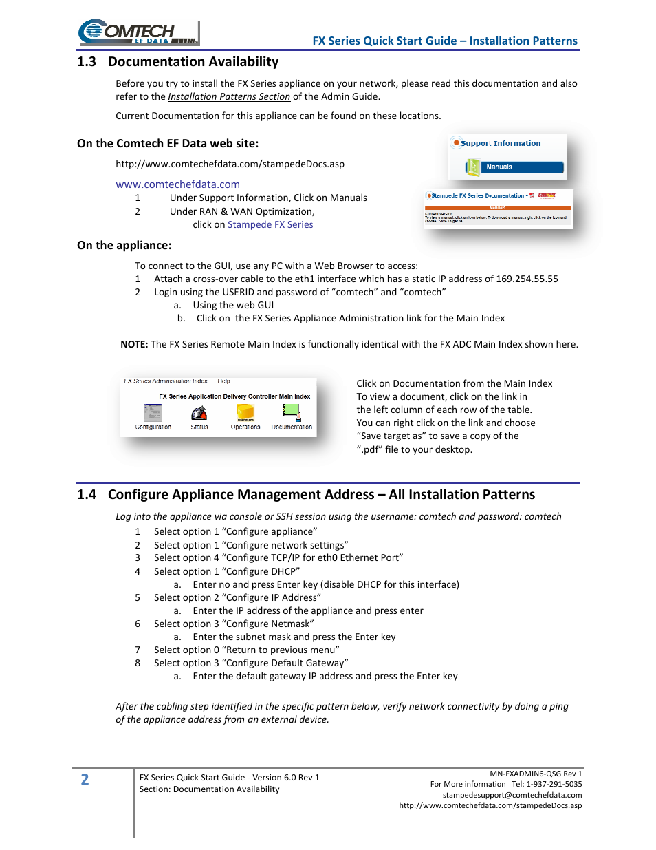 3 documentation availability, 4 configure appliance management address, Availability | All installation patterns | Comtech EF Data FX Series Quick Start Guide User Manual | Page 2 / 6