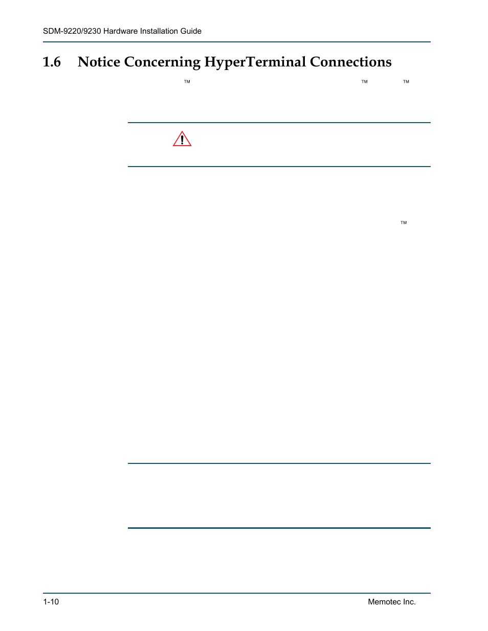 6 notice concerning hyperterminal connections, Notice concerning hyperterminal connections -10, Notice concerning hypertermi | Comtech EF Data SDM-9220 User Manual | Page 20 / 144