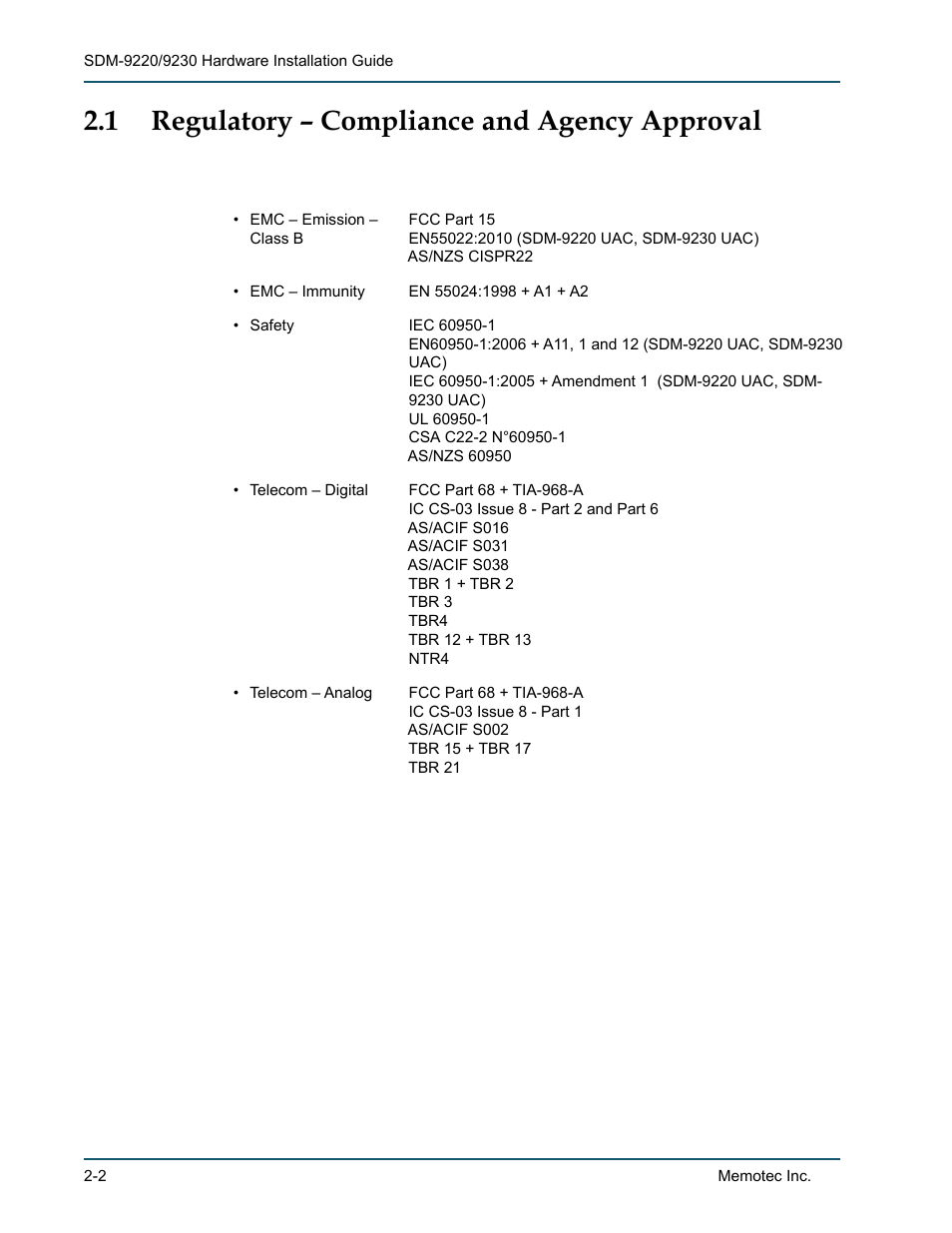 1 regulatory – compliance and agency approval, Regulatory – compliance and agency approval -2 | Comtech EF Data SDM-9220 User Manual | Page 22 / 144