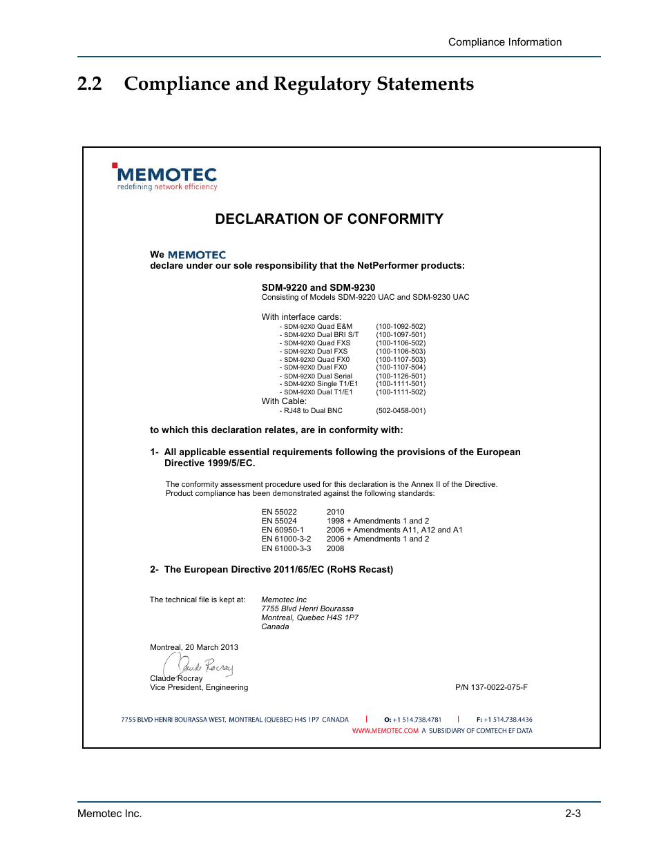 2 compliance and regulatory statements, 1 eu directives 1999/5 and 2011/65, Compliance and regulatory statements -3 | Eu directives 1999/5 and 2011/65 -3, Declaration of conformity | Comtech EF Data SDM-9220 User Manual | Page 23 / 144