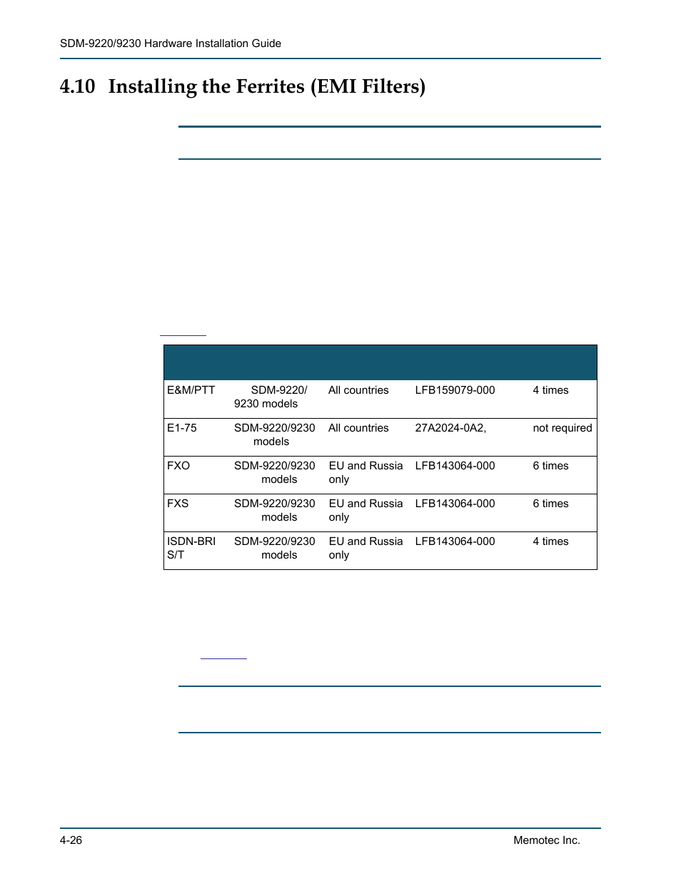 10 installing the ferrites (emi filters), 10 installing the ferrites (emi filters) -26, Sdm-9220/9230 ports requiring a ferrite -26 | Comtech EF Data SDM-9220 User Manual | Page 68 / 144