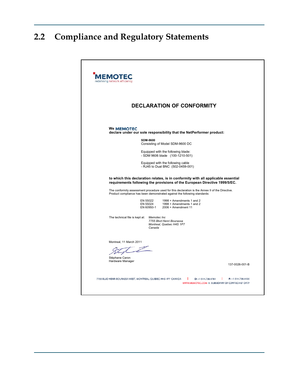 2 compliance and regulatory statements, 1 eu directive 1999/5, Compliance and regulatory statements -3 | Eu directive 1999/5 -3, Declaration of conformity | Comtech EF Data SDM-9600 User Manual | Page 25 / 94