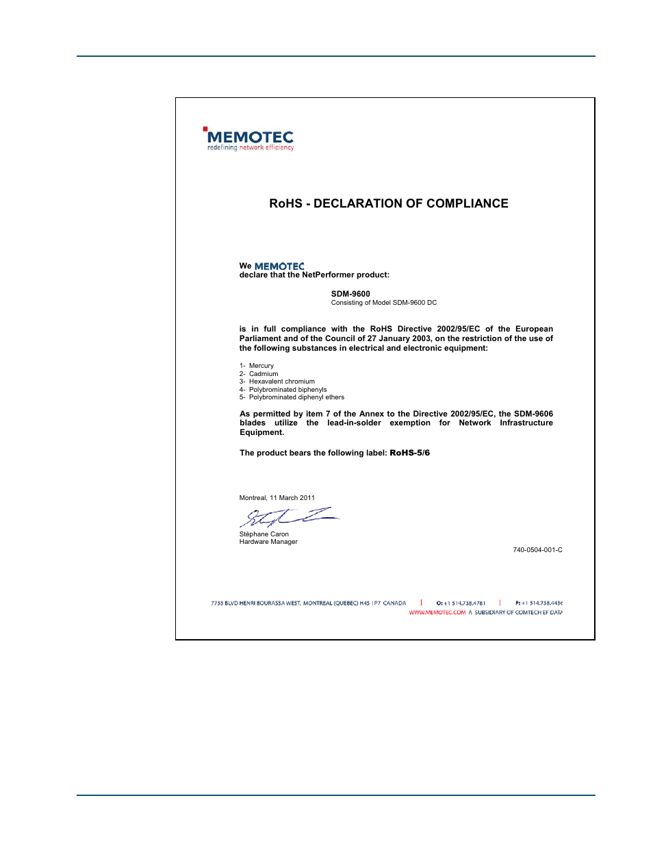 2 restriction of hazardous substances - rohs, Restriction of hazardous substances - rohs -9, Rohs - declaration of compliance | Comtech EF Data SDM-9600 User Manual | Page 31 / 94