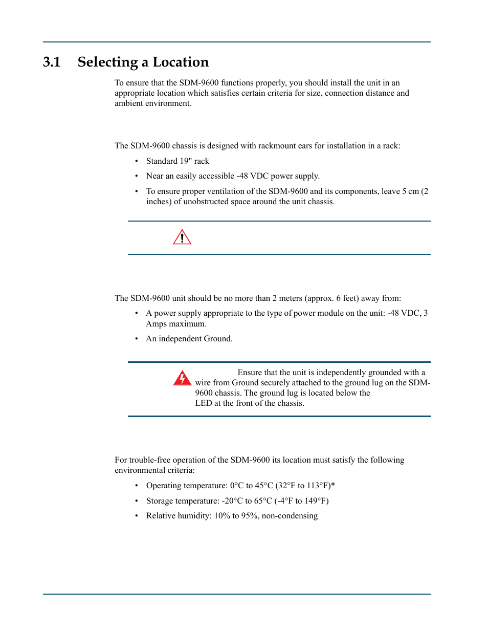 1 selecting a location, 1 rack requirements, 2 distance requirements | 3 environmental requirements, Selecting a location -2, Rack requirements -2, Distance requirements -2, Environmental requirements -2 | Comtech EF Data SDM-9600 User Manual | Page 36 / 94