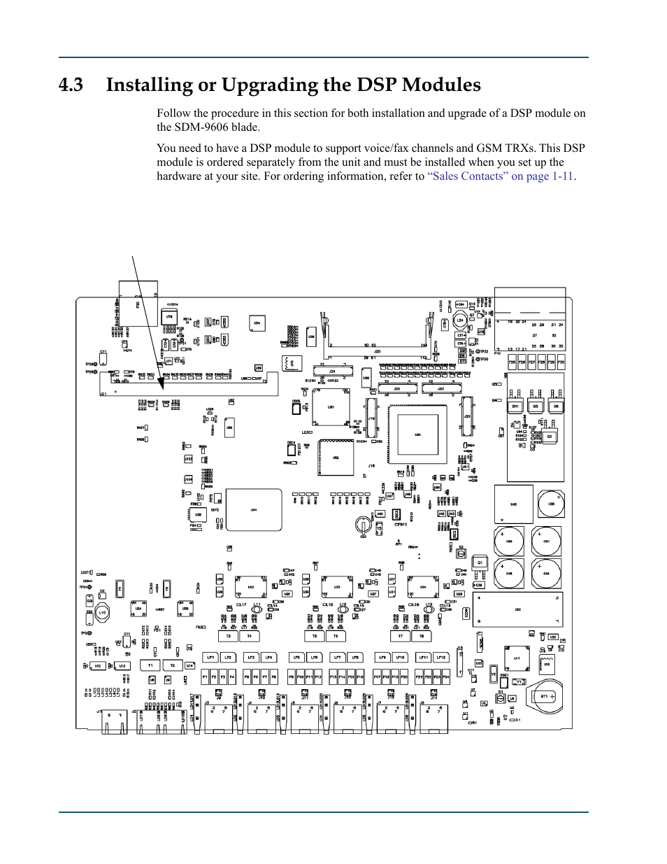 3 installing or upgrading the dsp modules, 1 location of dsp socket on the sdm-9606 blade, Installing or upgrading the dsp modules -4 | Location of dsp socket on the sdm-9606 blade -4, Dsp socket on the sdm-9606 blade -4, Installing or | Comtech EF Data SDM-9600 User Manual | Page 42 / 94