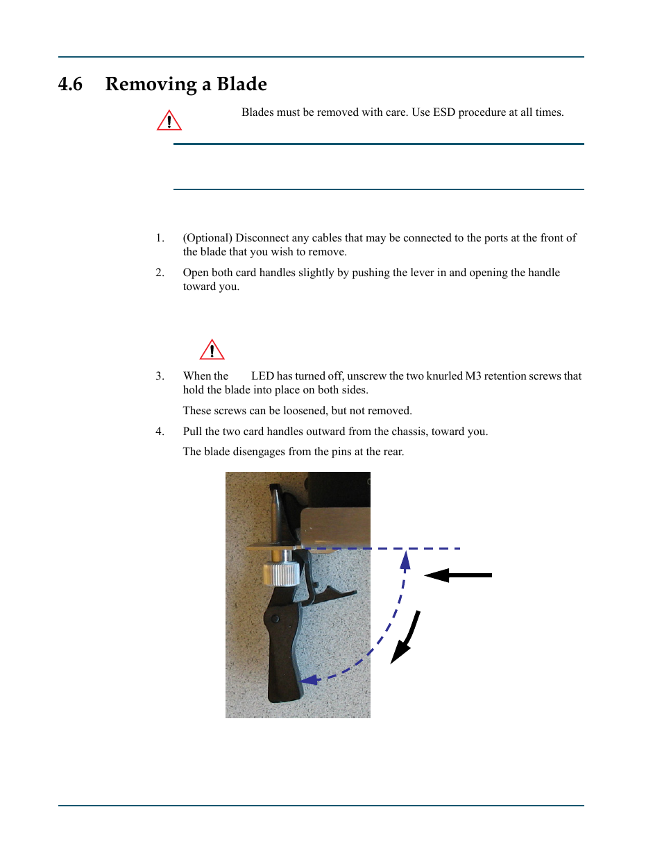 6 removing a blade, Removing a blade -12, Blade handle operation -12 | Removing a blade” on | Comtech EF Data SDM-9600 User Manual | Page 50 / 94