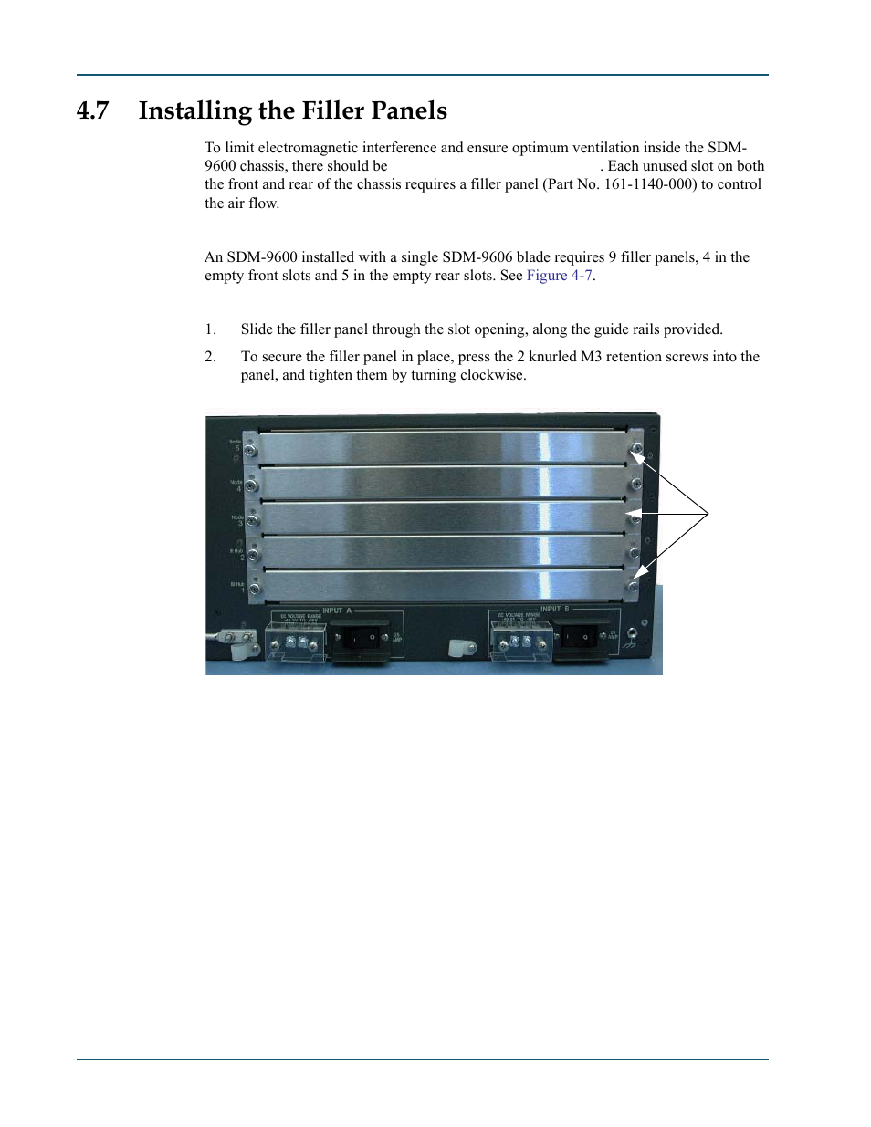 7 installing the filler panels, Installing the filler panels -14 | Comtech EF Data SDM-9600 User Manual | Page 52 / 94