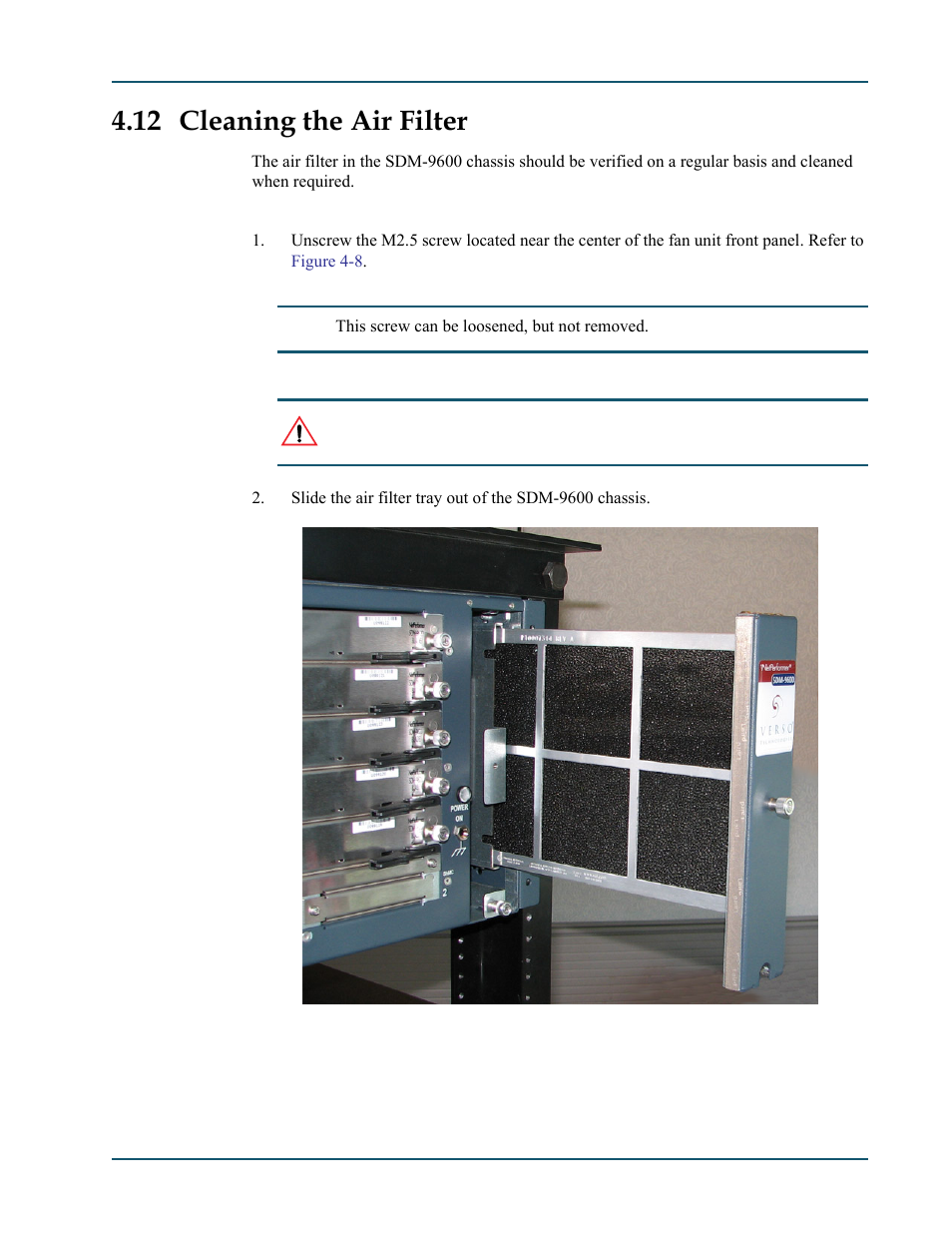 12 cleaning the air filter, Cleaning the air filter -23, Accessing the air filter tray -23 | Cleaning the air filter in the sdm-9600 chassis, Cleaning the air filter” on | Comtech EF Data SDM-9600 User Manual | Page 61 / 94