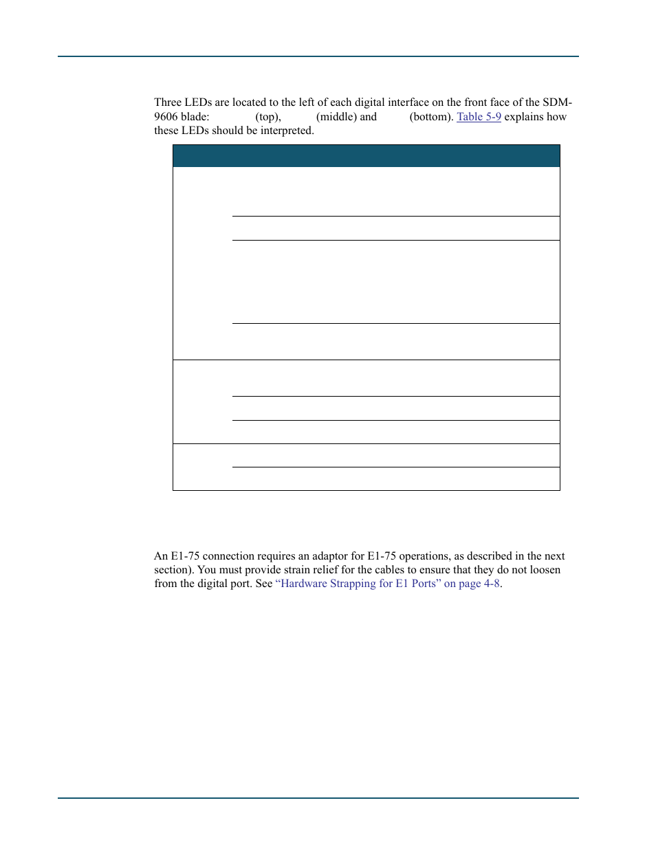 2 e1/t1 port status leds, 3 supporting e1-75 on an e1/t1 port, E1/t1 port status leds -16 | Supporting e1-75 on an e1/t1 port -16, The e1/t1 port status leds are described on | Comtech EF Data SDM-9600 User Manual | Page 78 / 94