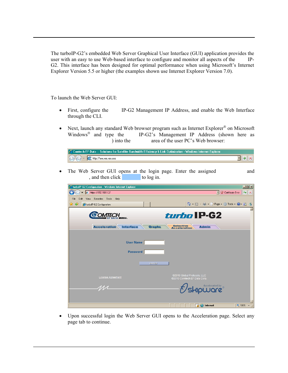 3 web server (http) graphical user interface (gui), 1 web server gui login | Comtech EF Data turboIP-G2 User Manual | Page 112 / 172