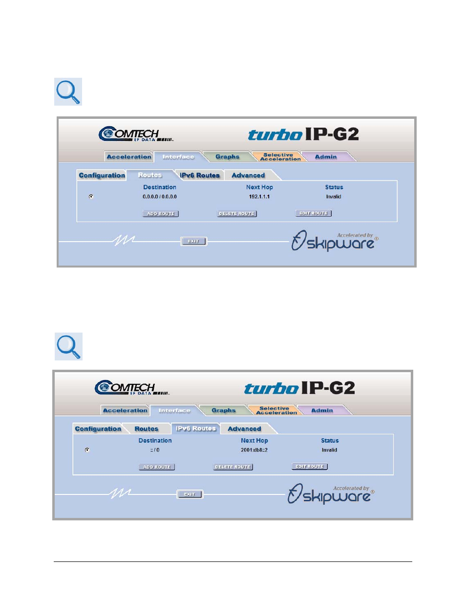 2 interface | routes page, 3 interface | ipv6 routes page | Comtech EF Data turboIP-G2 User Manual | Page 118 / 172