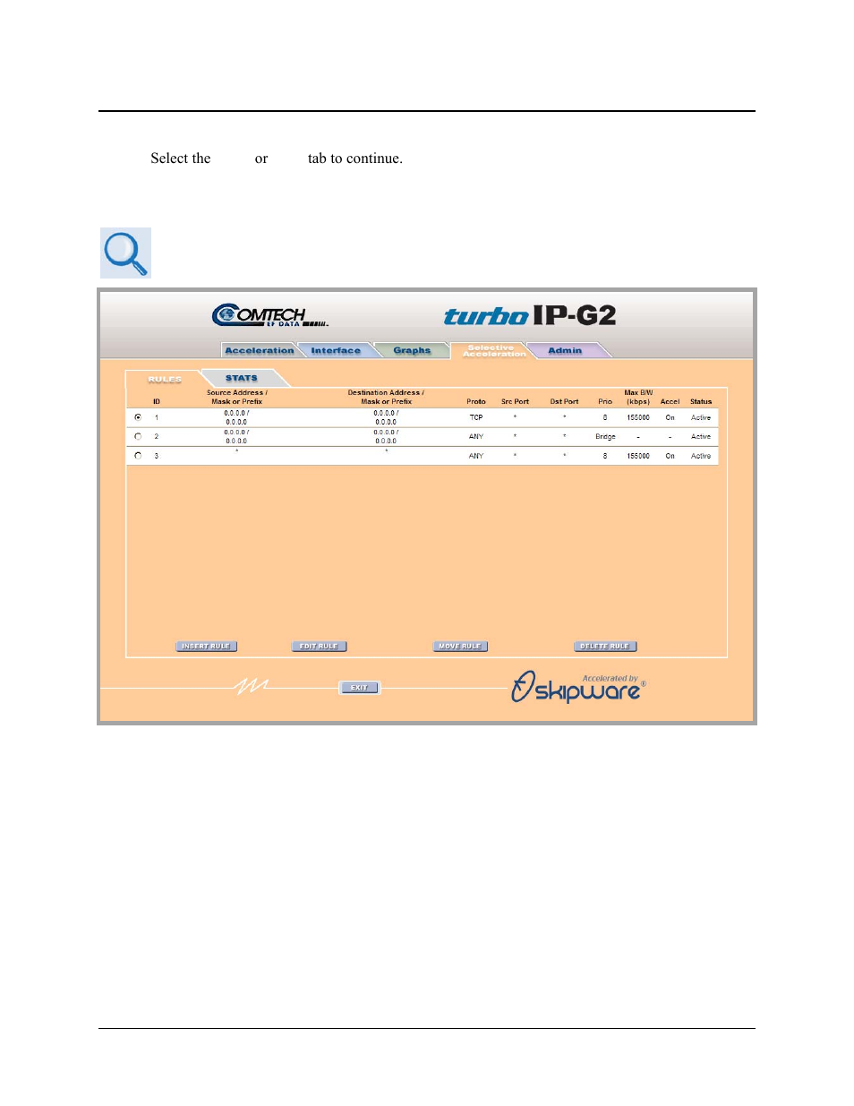 4 selective acceleration pages, 1 selective acceleration | rules page | Comtech EF Data turboIP-G2 User Manual | Page 121 / 172