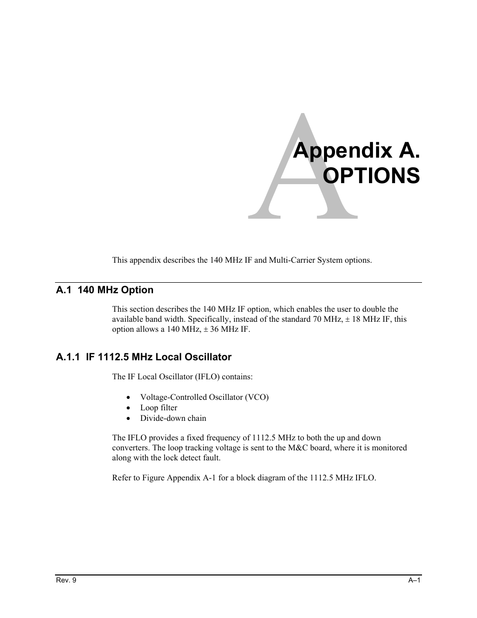 Options, A.1 140 mhz option, A.1.1 if 1112.5 mhz local oscillator | Appendix a. options | Comtech EF Data CST-5000 User Manual | Page 120 / 149