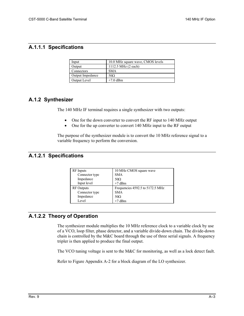 A.1.2 synthesizer, A.1.1.1 specifications, A.1.2.1 specifications | A.1.2.2 theory of operation | Comtech EF Data CST-5000 User Manual | Page 122 / 149