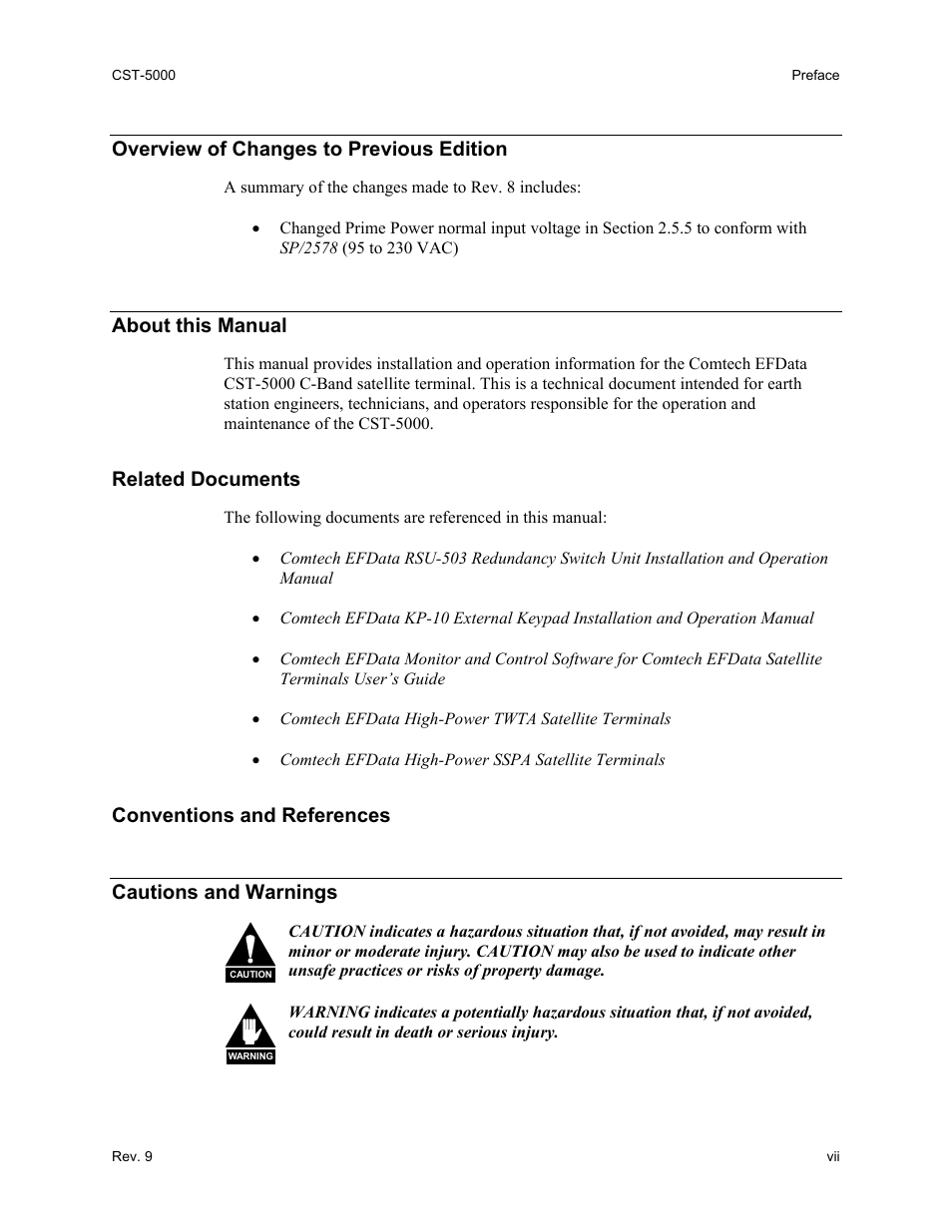 Overview of changes to previous edition, About this manual, Related documents | Conventions and references | Comtech EF Data CST-5000 User Manual | Page 13 / 149