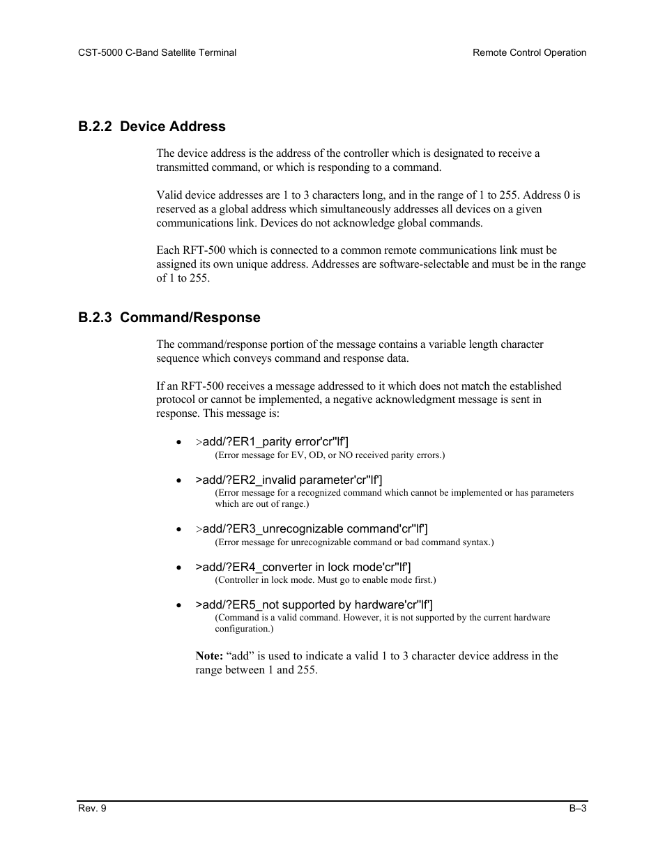 B.2.2 device address, B.2.3 command/response | Comtech EF Data CST-5000 User Manual | Page 136 / 149