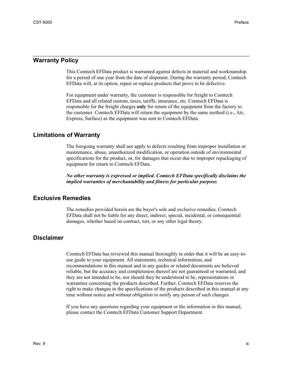 Warranty policy, Limitations of warranty, Exclusive remedies | Disclaimer | Comtech EF Data CST-5000 User Manual | Page 15 / 149