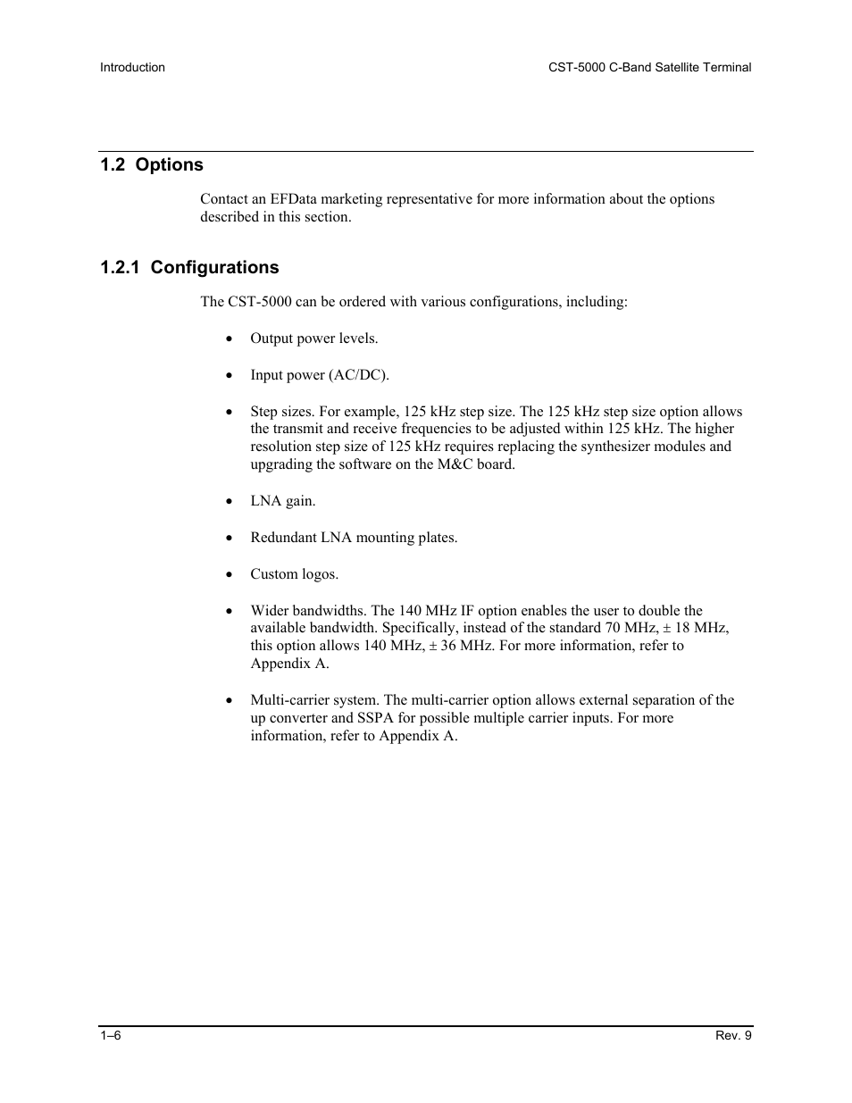 Options, Configurations, 2 options | 1 configurations | Comtech EF Data CST-5000 User Manual | Page 22 / 149