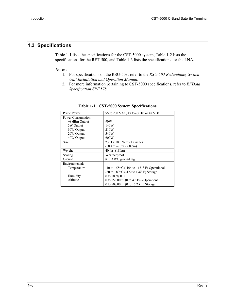 Specifications, 3 specifications | Comtech EF Data CST-5000 User Manual | Page 24 / 149