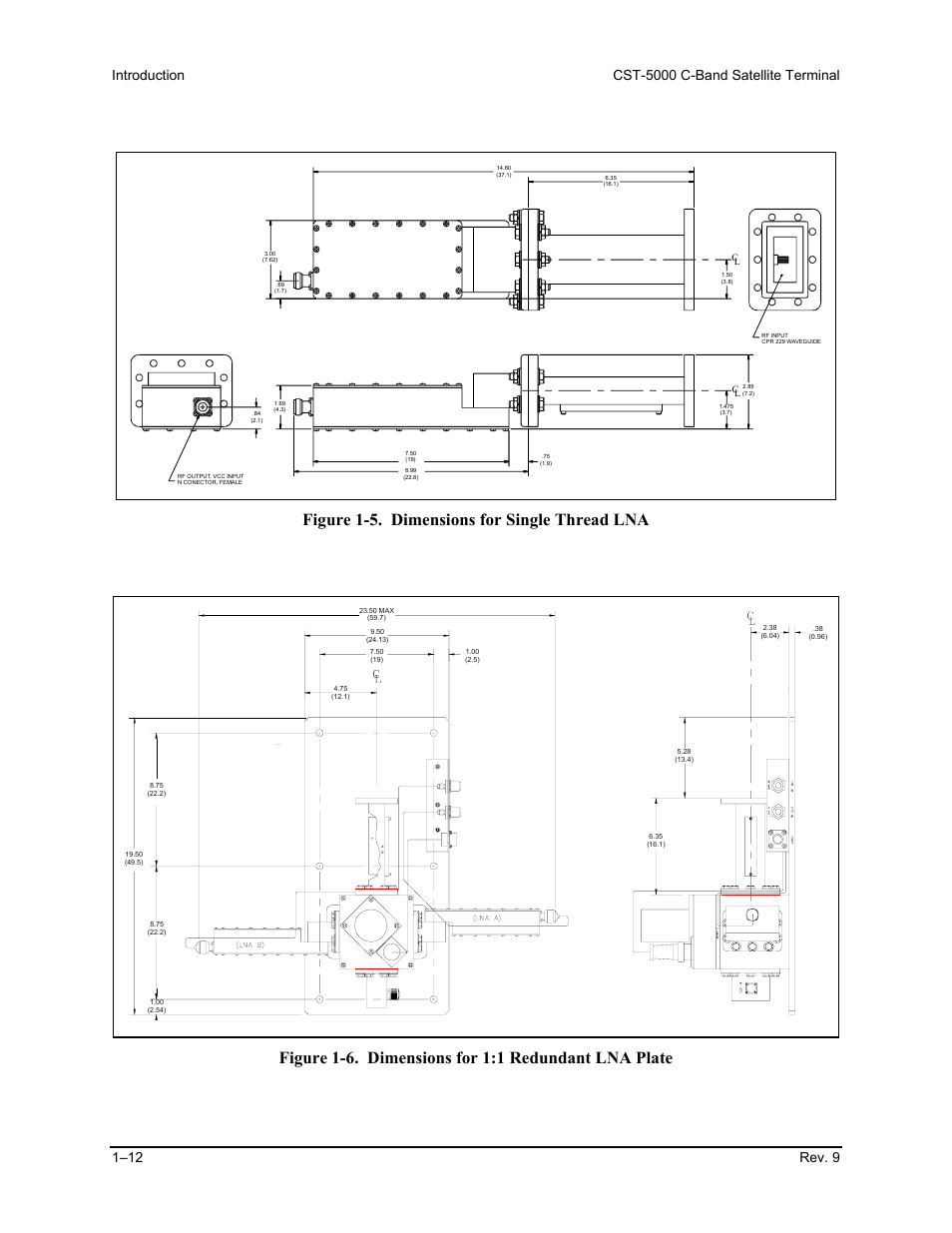 Figure 1-5. dimensions for single thread lna, Figure 1-6. dimensions for 1:1 redundant lna plate | Comtech EF Data CST-5000 User Manual | Page 28 / 149