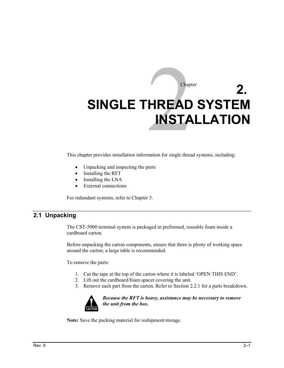 Single thread system installation, Unpacking | Comtech EF Data CST-5000 User Manual | Page 29 / 149