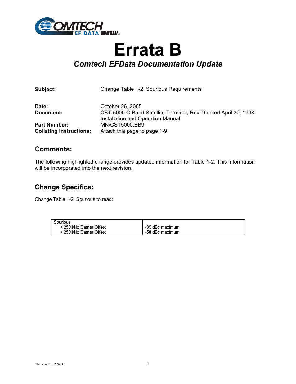 Errata b, Comtech efdata documentation update | Comtech EF Data CST-5000 User Manual | Page 5 / 149