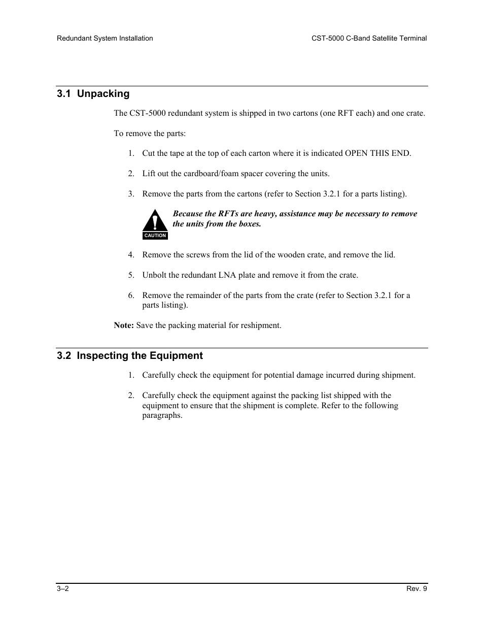 Unpacking, Inspecting the equipment, 1 unpacking | 2 inspecting the equipment | Comtech EF Data CST-5000 User Manual | Page 56 / 149