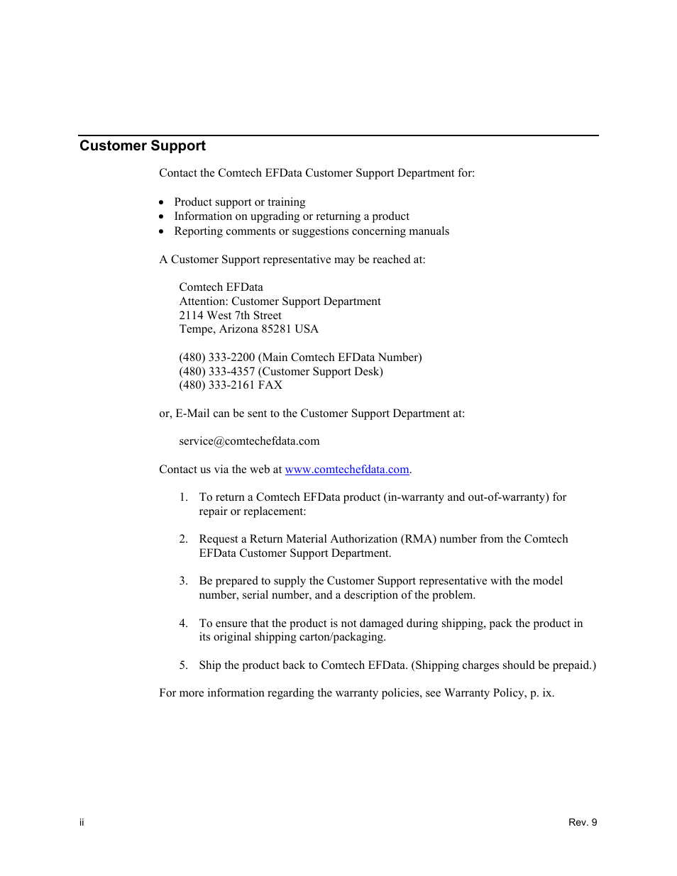 Customer support | Comtech EF Data CST-5000 User Manual | Page 8 / 149