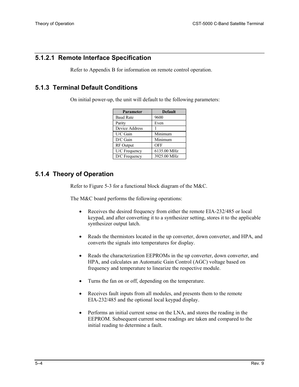 Terminal default conditions, Theory of operation, 1 remote interface specification | 3 terminal default conditions, 4 theory of operation | Comtech EF Data CST-5000 User Manual | Page 93 / 149