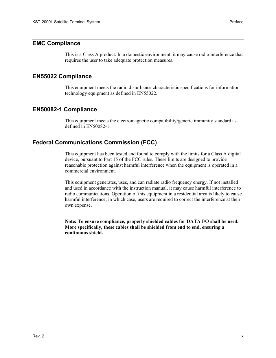 Emc compliance, En55022 compliance, En50082-1 compliance | Federal communications commission (fcc) | Comtech EF Data KST-2000L User Manual | Page 11 / 82