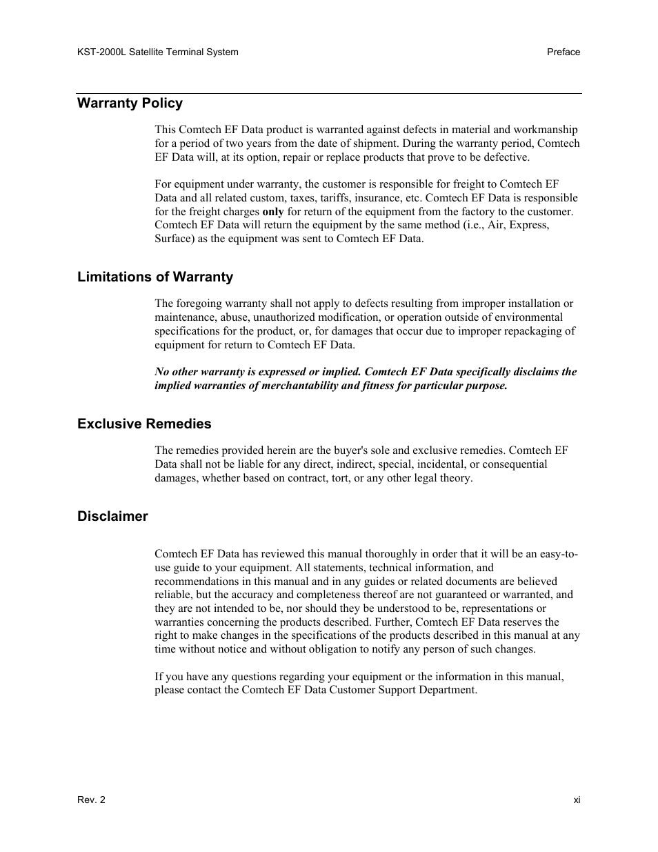 Warranty policy, Limitations of warranty, Exclusive remedies | Disclaimer | Comtech EF Data KST-2000L User Manual | Page 13 / 82