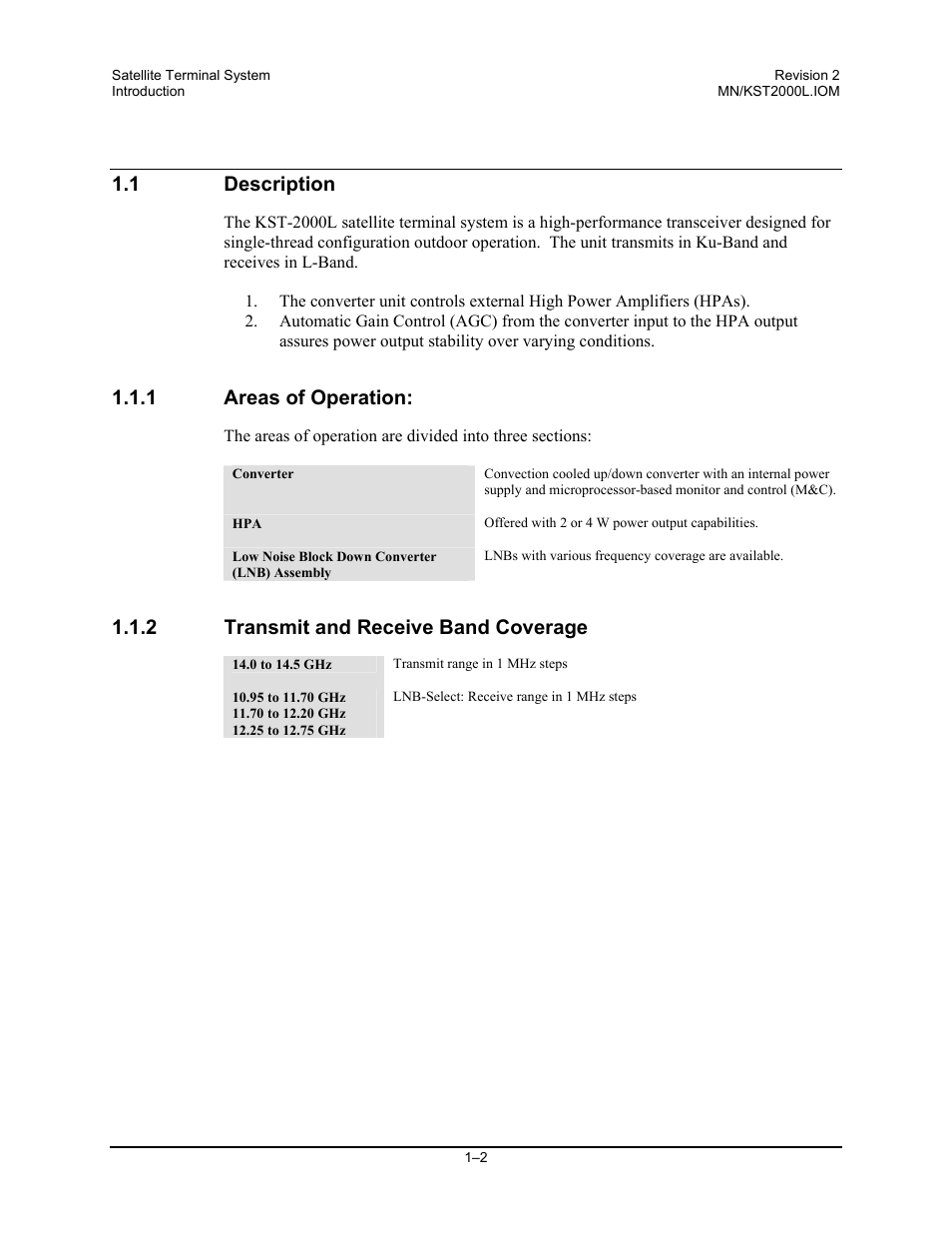 Description, Areas of operation, Transmit and receive band coverage | 1 description, 1 areas of operation, 2 transmit and receive band coverage | Comtech EF Data KST-2000L User Manual | Page 16 / 82
