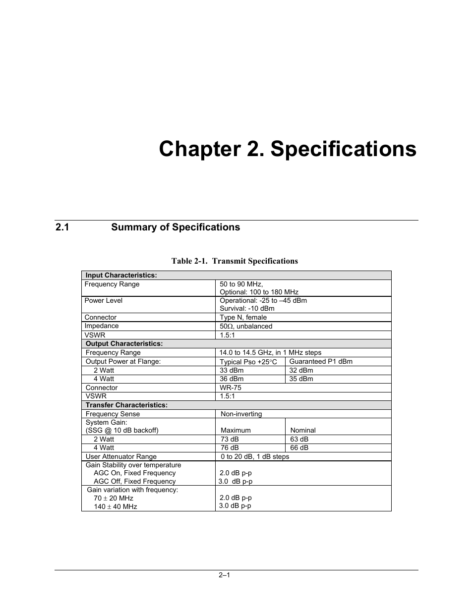 Chp. 2 specifications, Summary of specifications, Chapter 2. specifications | 1 summary of specifications | Comtech EF Data KST-2000L User Manual | Page 21 / 82