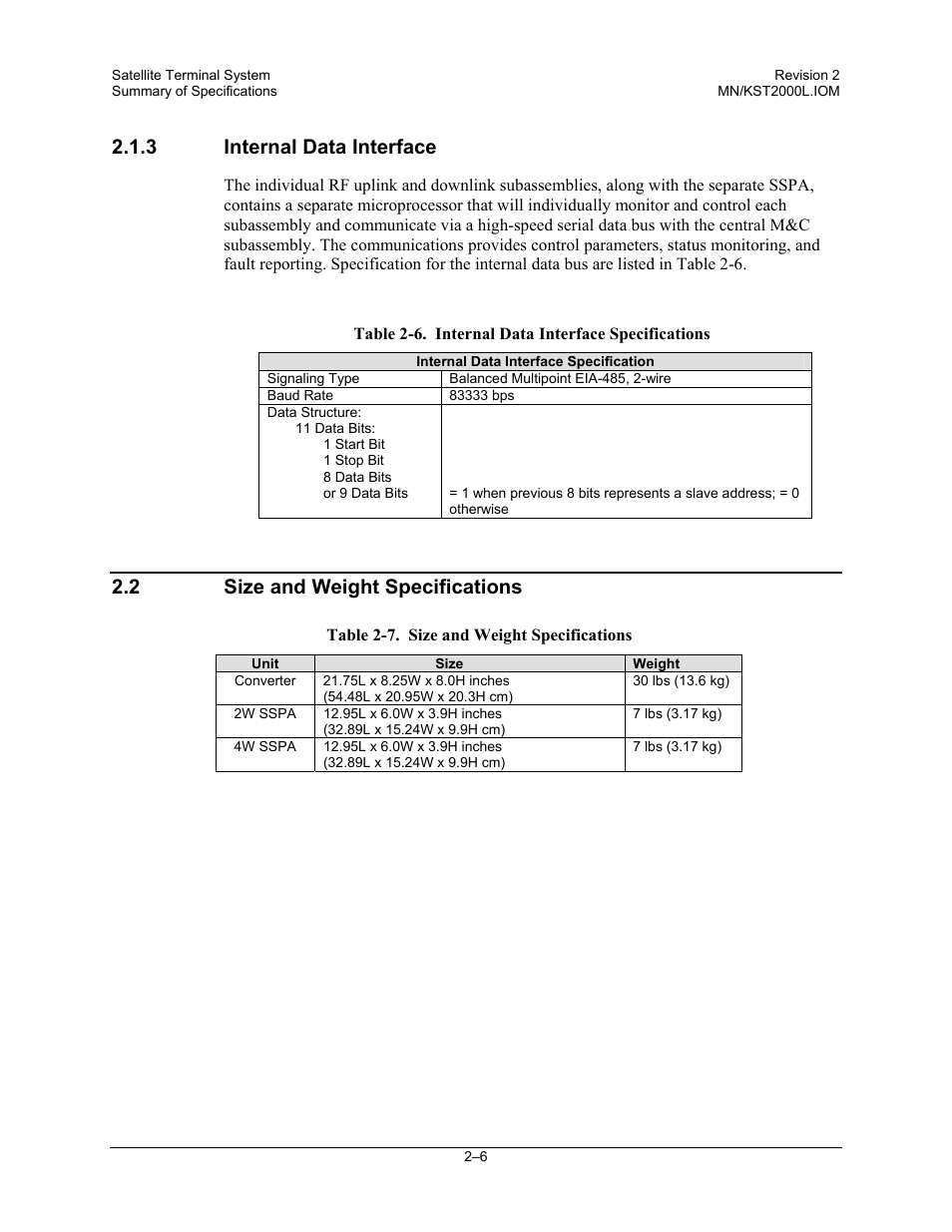 Internal data interface, Size and weight specifications, 3 internal data interface | 2 size and weight specifications | Comtech EF Data KST-2000L User Manual | Page 26 / 82