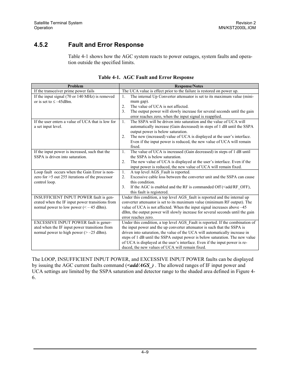 Fault and error response, 2 fault and error response | Comtech EF Data KST-2000L User Manual | Page 47 / 82