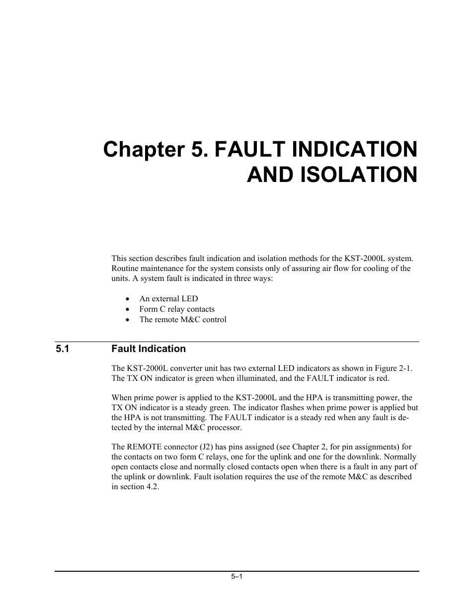 Chp. 5 fault indication and isolation, Fault indication, Chapter 5. fault indication and isolation | Comtech EF Data KST-2000L User Manual | Page 49 / 82
