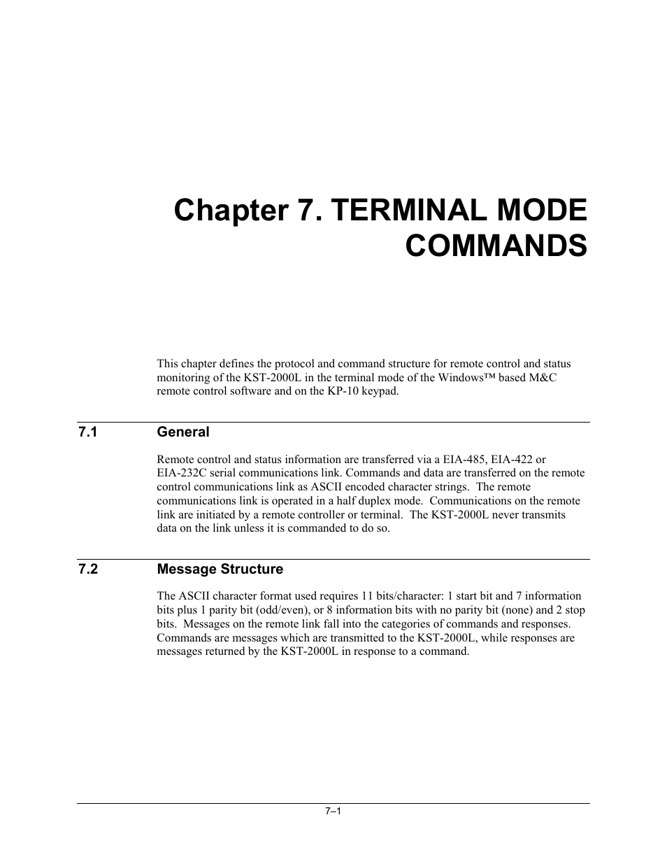 Chp. 7 terminal mode commands, General, Message structure | Chapter 7. terminal mode commands | Comtech EF Data KST-2000L User Manual | Page 65 / 82