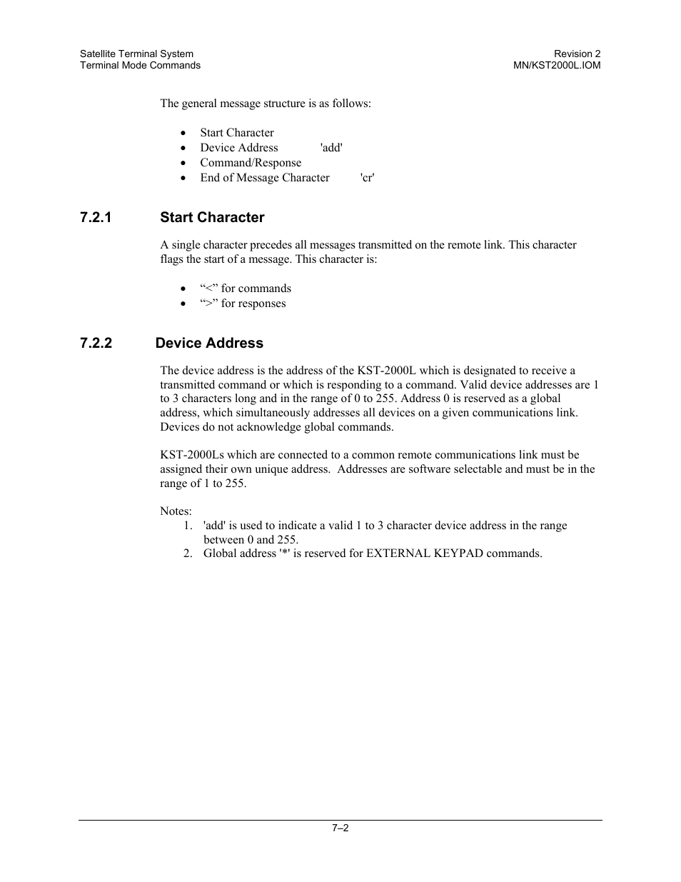 Start character, Device address | Comtech EF Data KST-2000L User Manual | Page 66 / 82