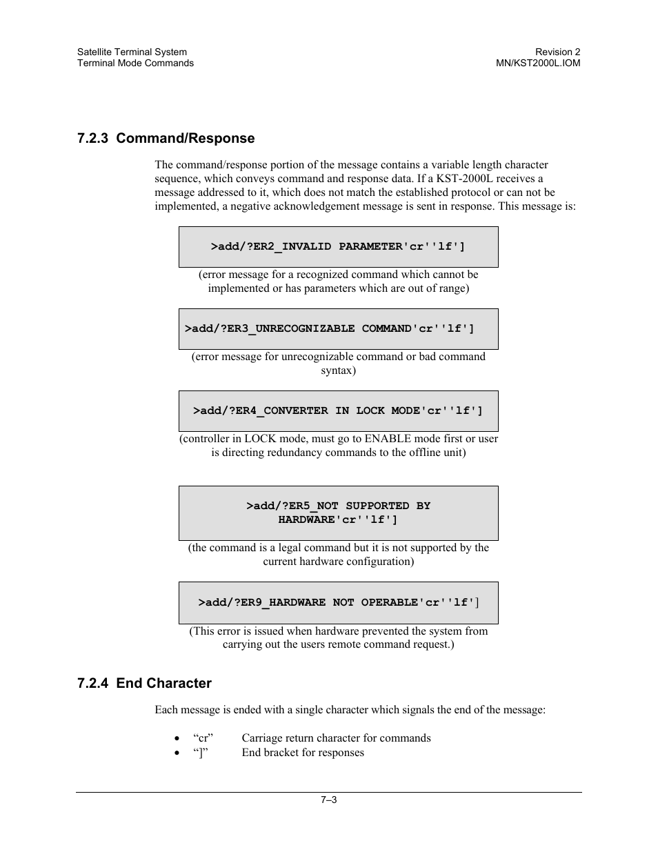 Command/response, End character | Comtech EF Data KST-2000L User Manual | Page 67 / 82