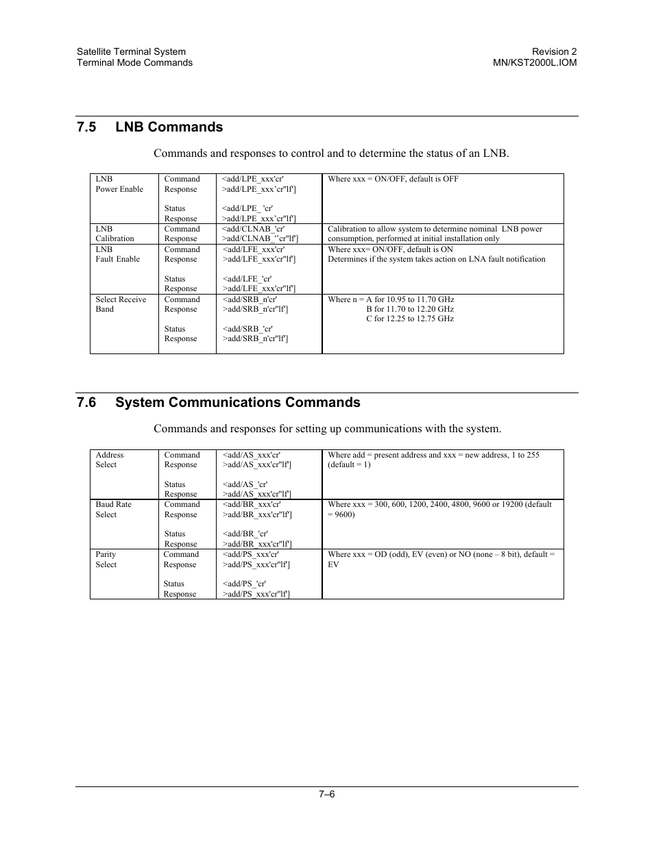 Lnb commands, System communications commands, 5 lnb commands | 6 system communications commands | Comtech EF Data KST-2000L User Manual | Page 70 / 82