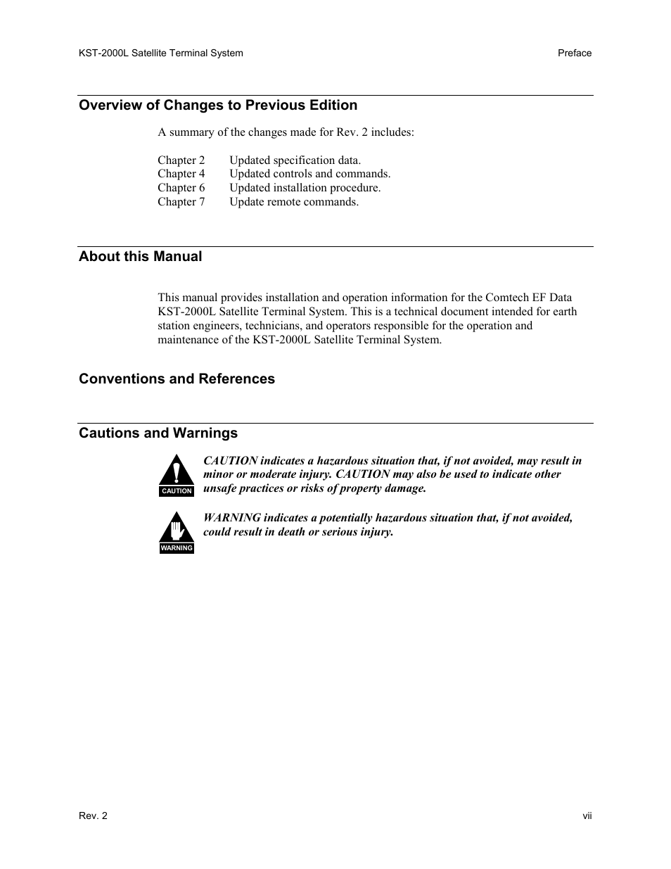 Overview of changes to previous edition, About this manual, Conventions and references | Conventions and references cautions and warnings | Comtech EF Data KST-2000L User Manual | Page 9 / 82