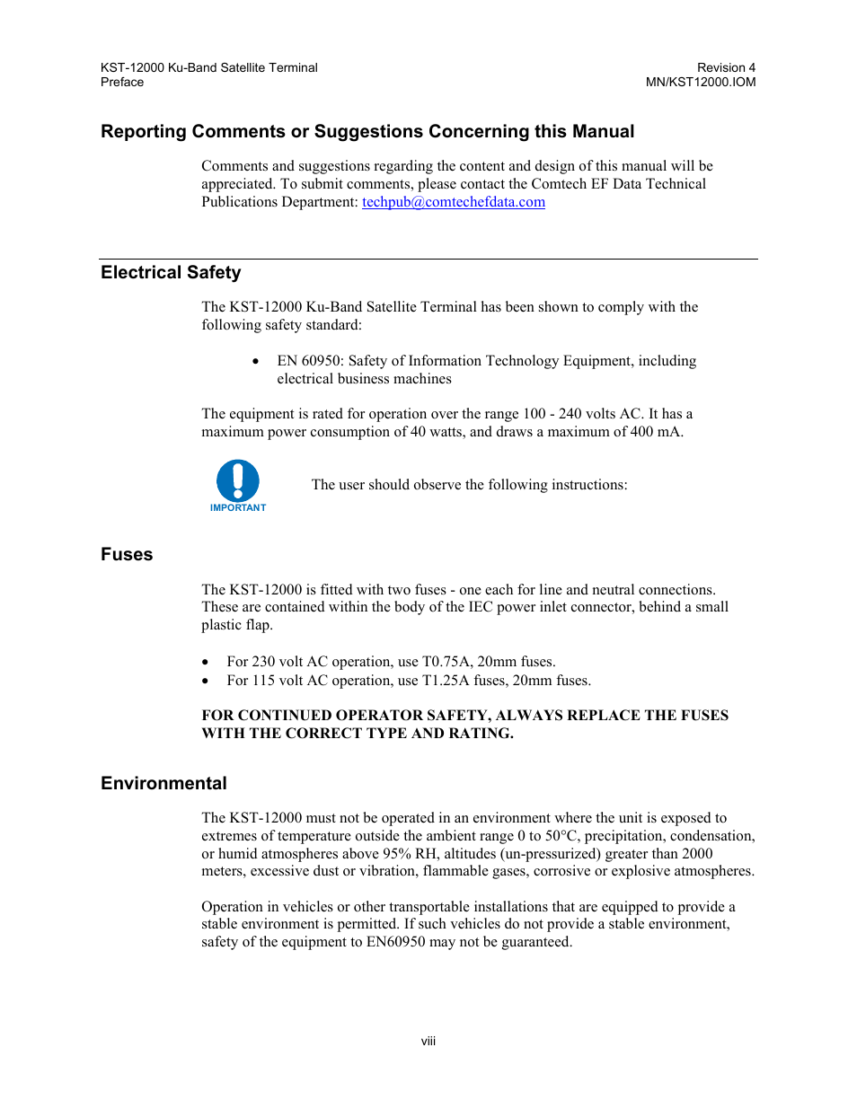 Electrical safety, Fuses, Environmental | Comtech EF Data KST-12000 User Manual | Page 10 / 122