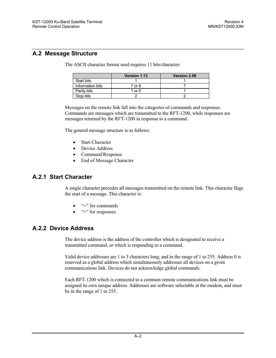 A.2 message structure, A.2.1 start character, A.2.2 device address | Comtech EF Data KST-12000 User Manual | Page 110 / 122