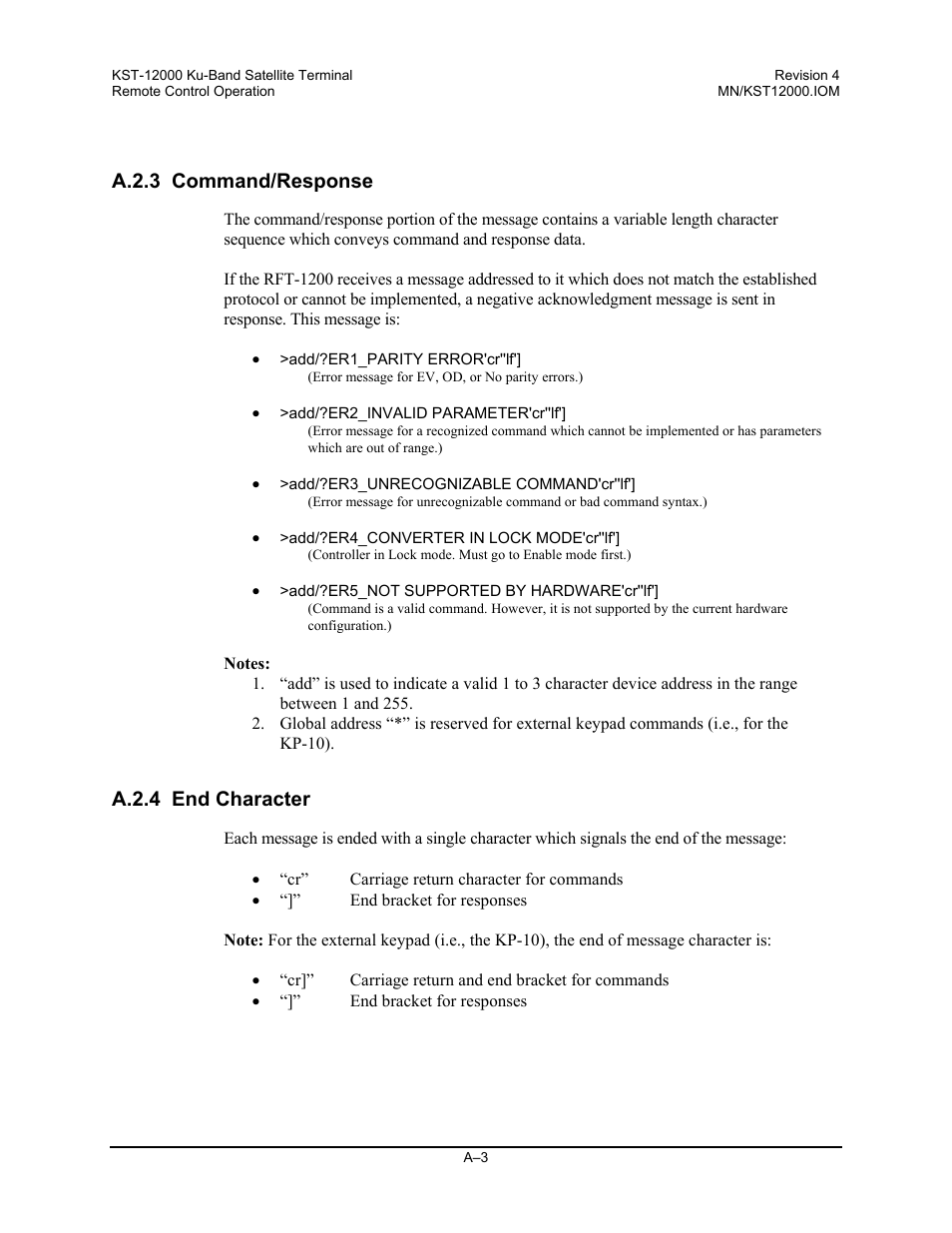 A.2.3 command/response, A.2.4 end character | Comtech EF Data KST-12000 User Manual | Page 111 / 122